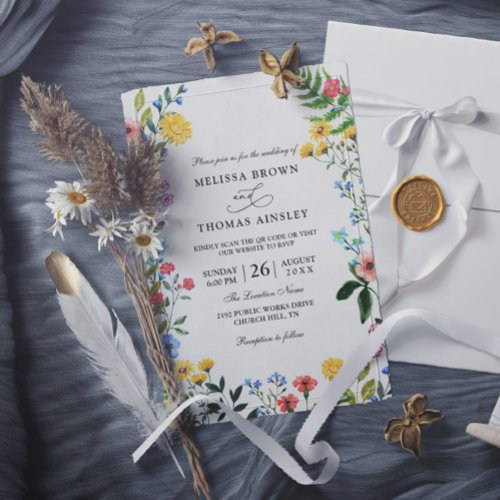 Elegant Wildflowers Rustic Budget QR Code Wedding Invitation