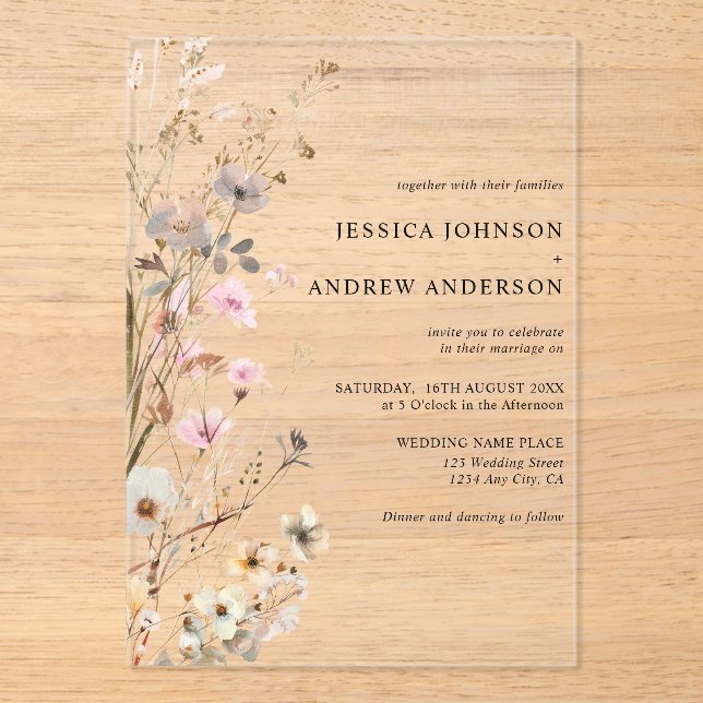 Elegant Wildflowers Rustic Floral Wedding Invitati Acrylic Invitations (Front)