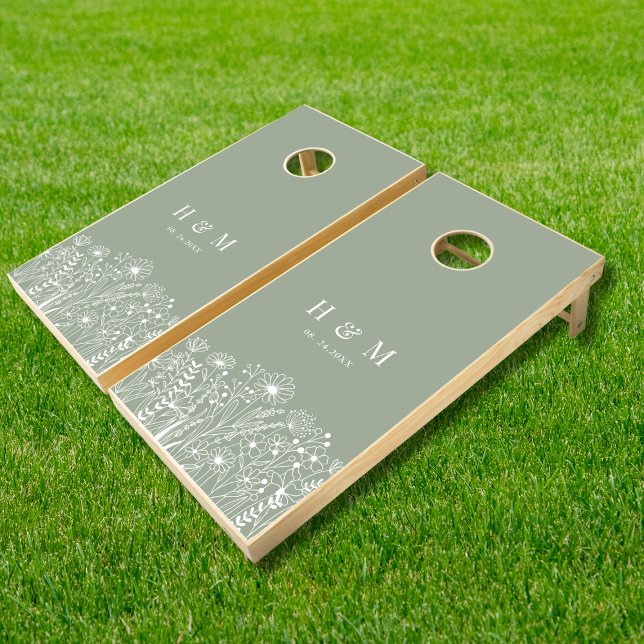  Elegant Wildflowers Sage Green Boho Wedding Cornhole Set (Creator Uploaded)