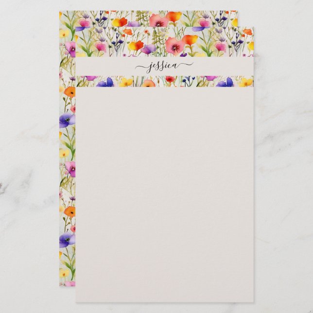 Elegant wildflowers script name stationery (Front/Back)