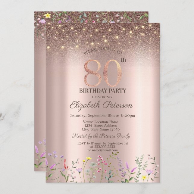Elegant Wildflowers,String Lights 80th Birthday  Invitation (Front/Back)