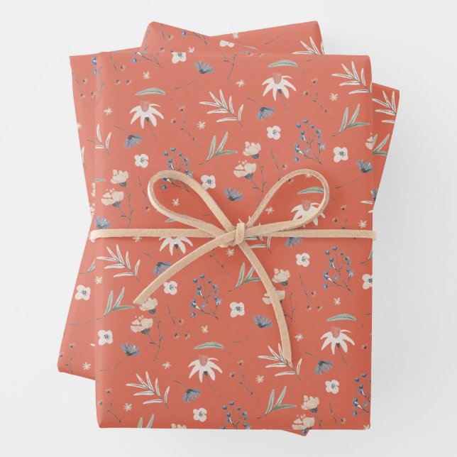 Elegant Wildflowers Terracotta Wrapping Paper Sheets (In situ)
