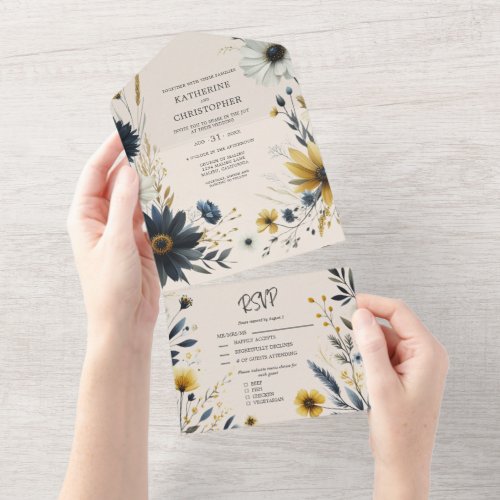 Elegant Wildflowers Watercolor Floral Wedding All In One Invitation