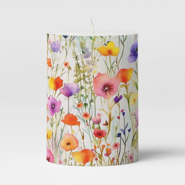 Elegant wildflowers watercolor pattern pillar candle (Front)