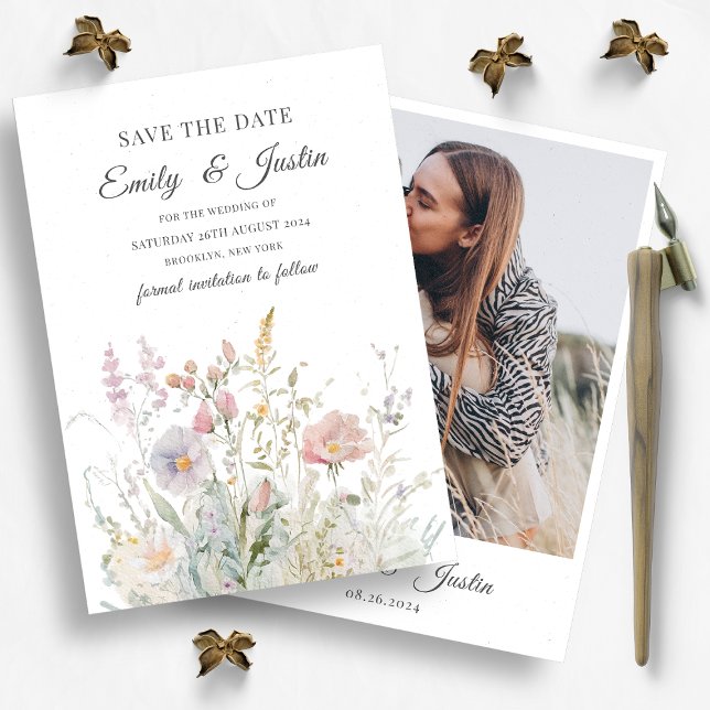 Elegant Wildflowers Watercolor Photo Save the Date Invitation (Creator Uploaded)