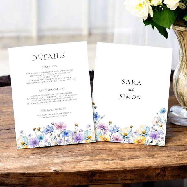 elegant wildflowers wedding details Flat Card (wildflower floral modern wedding details card  fully editable to suite your needs )