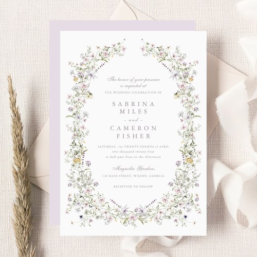 Elegant Wildflowers Wreath Blush Pink Wedding Invitation