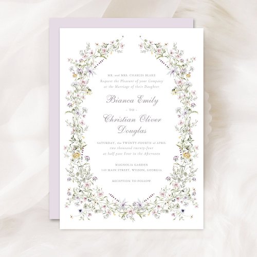 Elegant Wildflowers Wreath Blush Pink Wedding Invitation