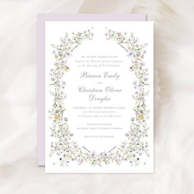 Elegant Wildflowers Wreath Blush Pink Wedding Invitation (Creator Uploaded)