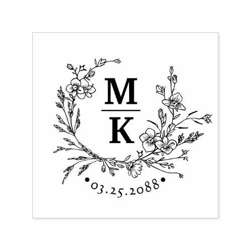 Elegant Wildflowers Wreath Wedding Couple Monogram Self_inking Stamp