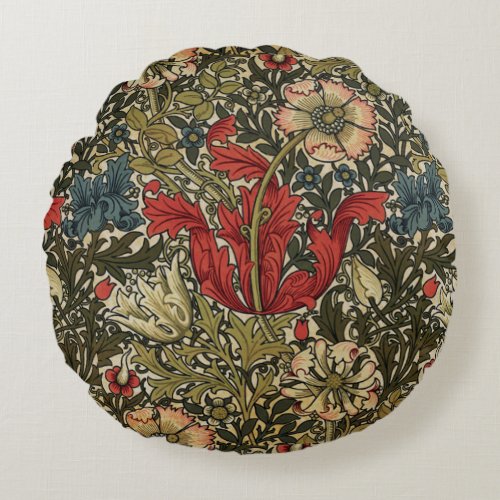 Elegant William Morris Floral Pattern Red Green Round Pillow