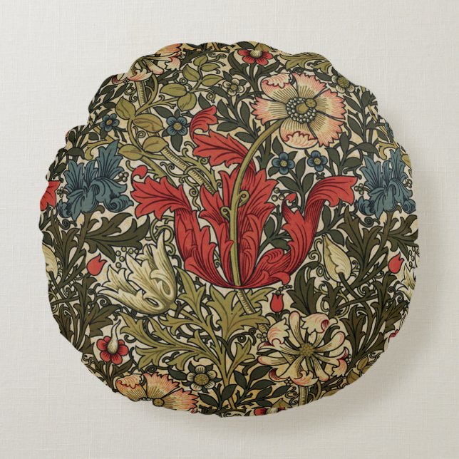 Elegant William Morris Floral Pattern Red Green Round Pillow (Front)
