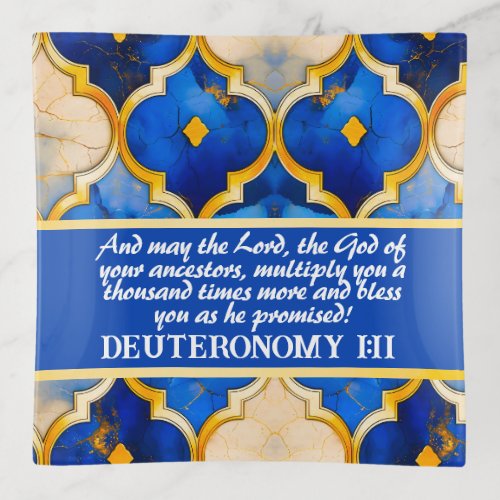 Elegant William Morris Gold  Blue Bible Verse Trinket Tray