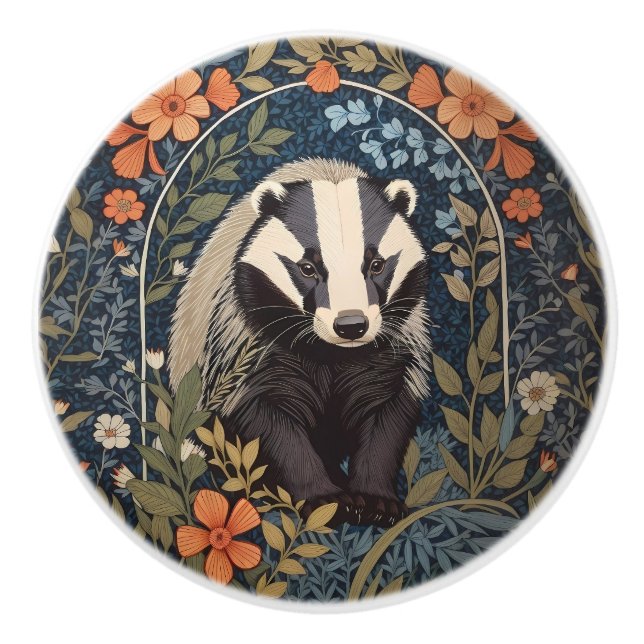 Elegant William Morris Inspired Badger Ceramic Knob (Front)
