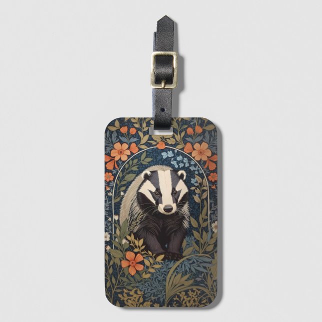 Elegant William Morris Inspired Badger Luggage Tag (Front Vertical)