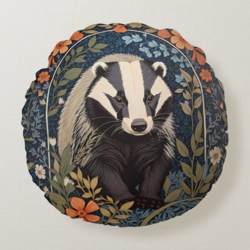 Elegant William Morris Inspired Badger Round Pillow