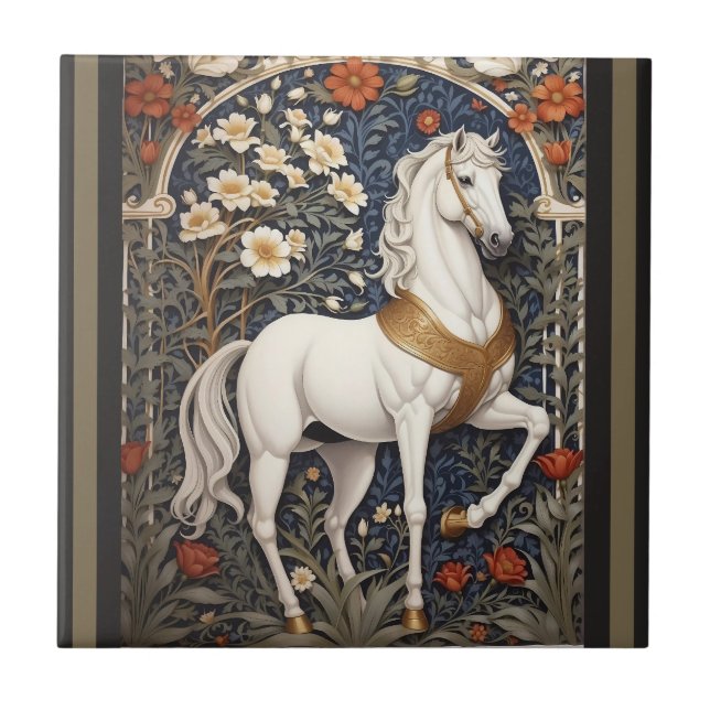 Elegant William Morris Inspired White Horse Ceramic Tile (Front)
