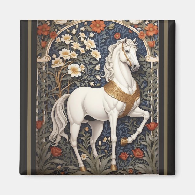 Elegant William Morris Inspired White Horse Magnet (Front)
