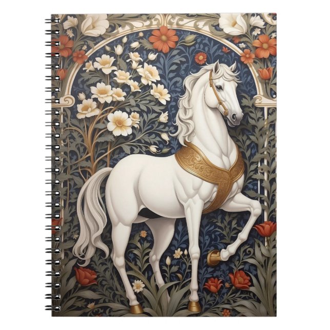 Elegant William Morris Inspired White Horse Notebook (Front)