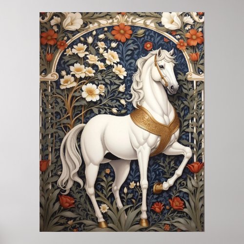 Elegant William Morris Inspired White Horse Poster