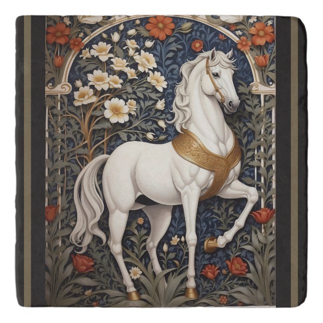 Elegant William Morris Inspired White Horse Trivet (Front)