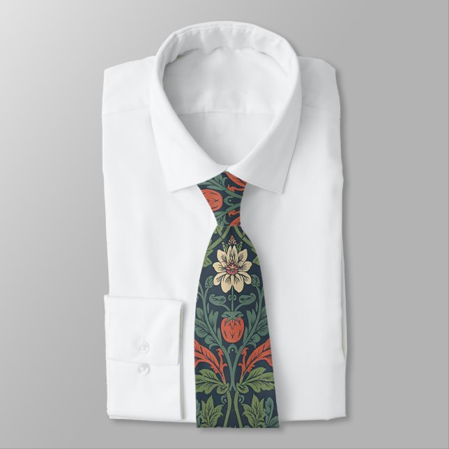 Elegant William Morris Strawberry Floral Pattern Neck Tie (Tied)