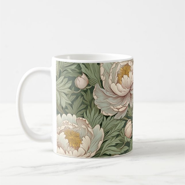 Elegant William Morris Style Peony Flowers Mug (Left)