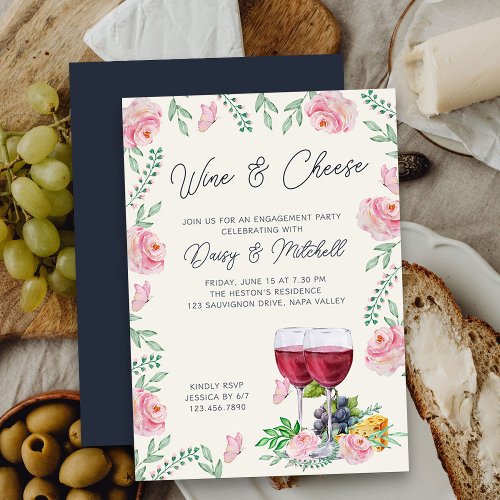 Elegant Wine and Cheese Floral Engagement Party Invitation