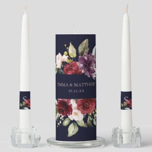 Elegant Wine Burgundy Floral Navy Blue Wedding Unity Candle Set