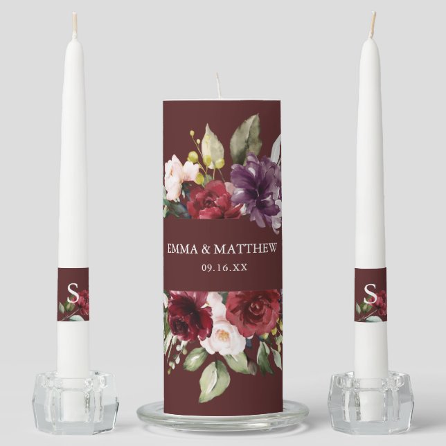 Elegant Wine Burgundy Floral Wedding Unity Candle Set (Front)