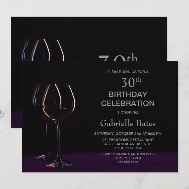 Elegant  Wine Glass 30th Birthday Party Invitation (Front/Back)
