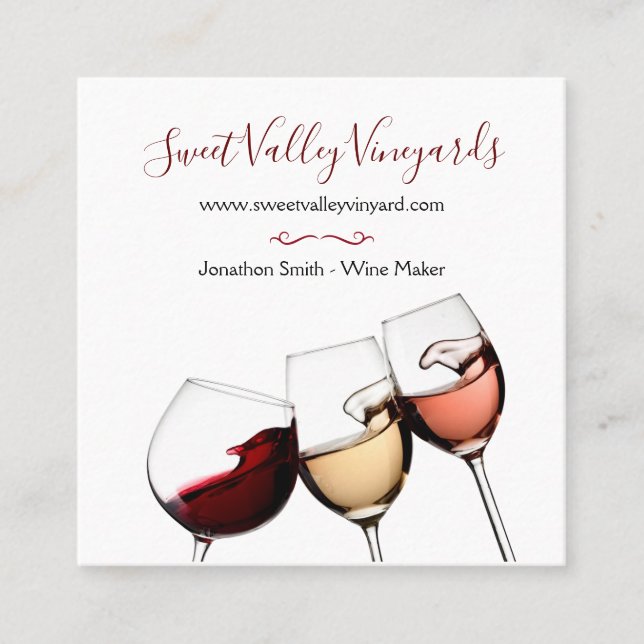 Elegant Wine Glass Burgundy White Vineyard Winery Square Business Card (Front)