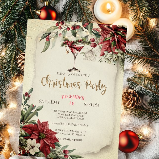 Elegant Wine Glass Lights Poinsettia Christmas  Invitation (Creator Uploaded)