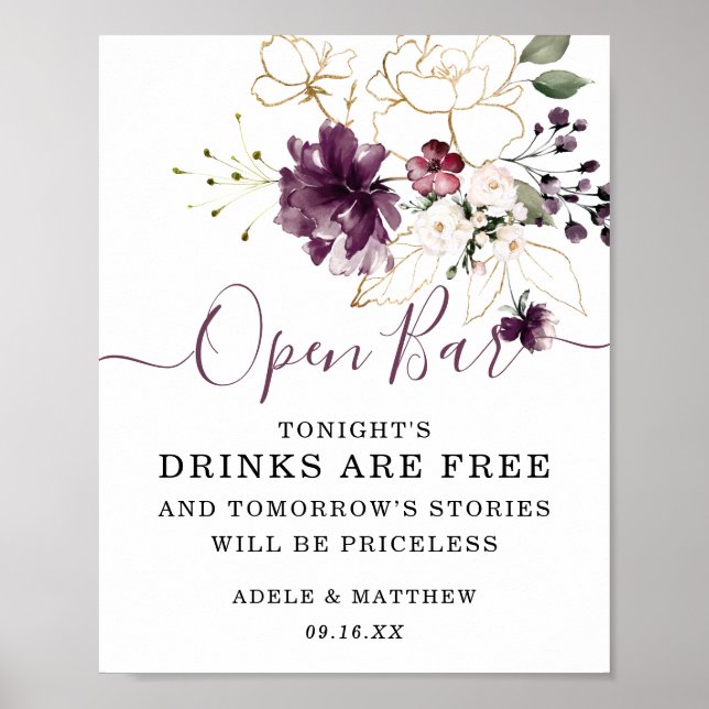 Elegant Wine Gold Floral Open Bar Sign (Front)