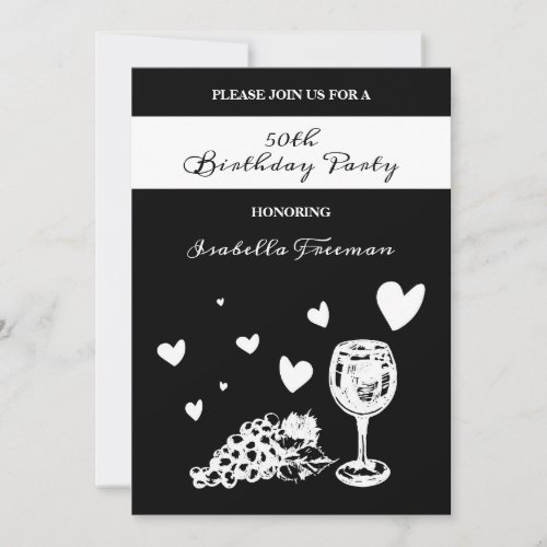 Elegant Wine Grapes Black and White 50th Birthday Invitation