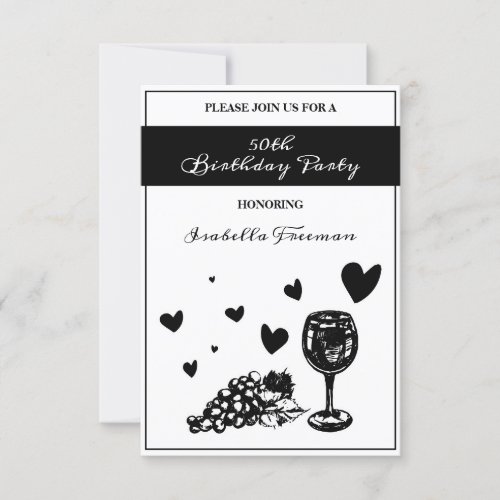 Elegant Wine Grapes White and Black 50th Birthday Invitation