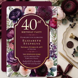 Elegant Wine Ranunculus 40th Birthday Gold Foil Invitation