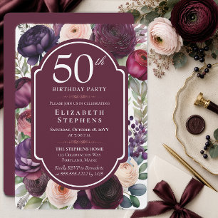 Elegant Wine Ranunculus Floral 50th Birthday Party Invitation
