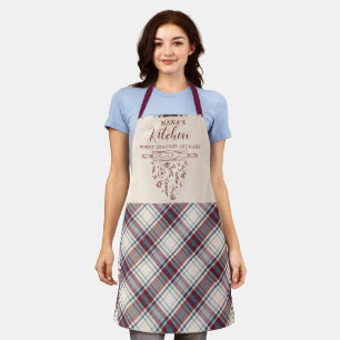 Elegant Wine Red Beige Tartan Plaid Nana's Kitchen Apron