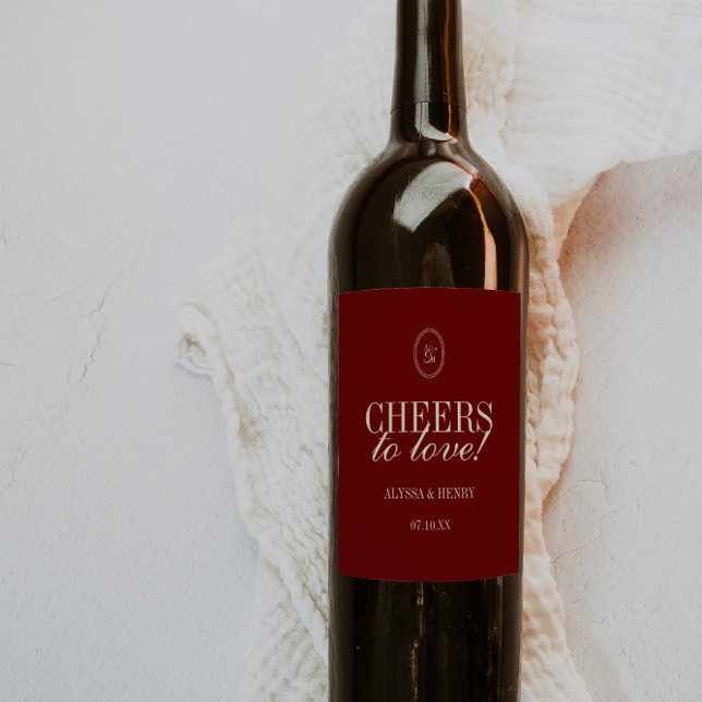 Elegant Wine Red "Cheers to Love" Wedding Wine Label (Creator Uploaded)