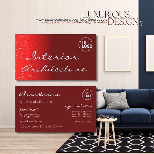 Elegant Wine Red Chic Glitter Stars with Logo Business Card