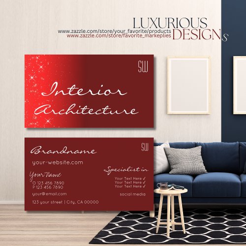 Elegant Wine Red Chic Glitter Stars with Monogram Business Card