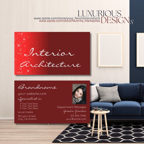 Elegant Wine Red Chic Glitter Stars with Photo Business Card