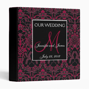 Elegant Wine Red Damask Monogram Wedding Planner 3 Ring Binder