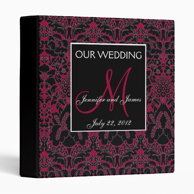 Elegant Wine Red Damask Monogram Wedding Planner 3 Ring Binder (Front/Spine)