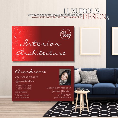 Elegant Wine Red Glitter Stars with Logo and Photo Business Card