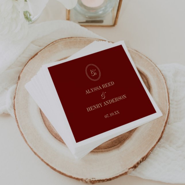 Elegant Wine Red Monogram Wedding Names Napkins (Creator Uploaded)