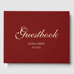 Elegant Wine Red Script Monogram Wedding Guest Book