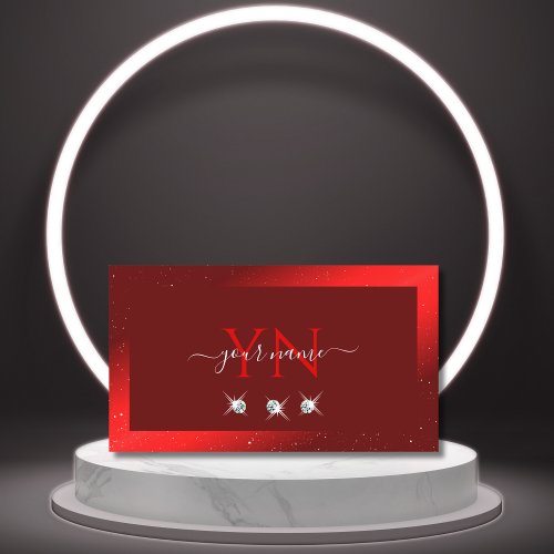 Elegant Wine Red Sparkling Diamonds with Monogram Business Card