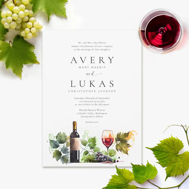 Elegant Wine Themed Watercolor Formal Wedding Invitation | Zazzle